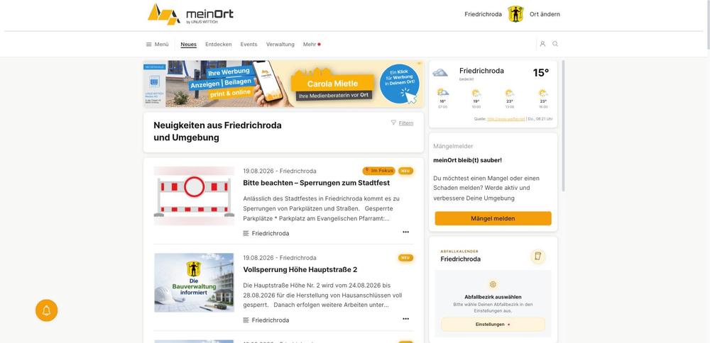 Der Startbildschirm der meinOrt-App für Friedrichroda: Nachrichtenstrom, Wetter, Abfallkalender und Mängelmelder. Oben ein Werbebanner des Verlags.