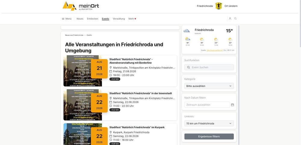Der Veranstaltungsteil zeigt die Termine mit Datum, Ort und Entfernung und lässt sich filtern.