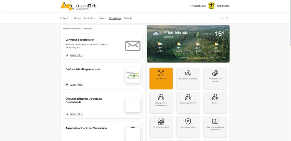 Die Rubrik Verwaltung ist ein Verzeichnis mit Kontaktformular, keine Stelle für echte Online-Anträge.