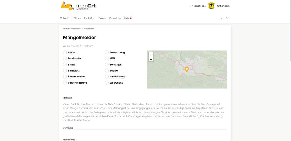 Der Mängelmelder mit Kategorien und Karte: hier meldet man Schäden direkt an die Verwaltung.